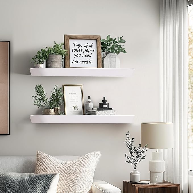 24"x6.8"x1.6" Slanted Floating Wall Shelves 2-Pack - Rustic White Finish, Heavy-Duty Solid Wood Design with Hidden Brackets - Perfect for Living Room, Kitchen, Bathroom, or Office