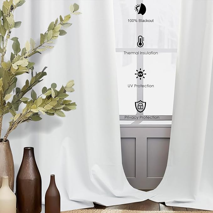 White Black Out Curtains 54 Inch Long 2 Panel Elegant Short Summer Curtains for Living Room Thermal Insulated Cotton Linen Blackout Drapes for 52-56 Inch Bay Window Country Chic Back Tab 52x54 Length