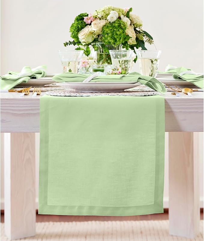 Solino Home Linen Table Runner 90 Inches Long - 100% Pure Linen Pastel Green Table Runner 14 x 90 Inch - Fete
