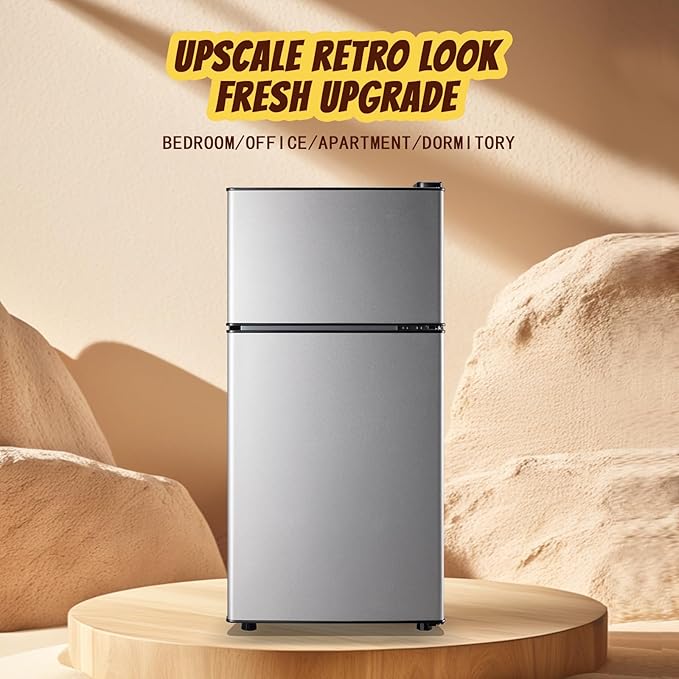 2.4 Cu.ft Mini Fridge Small Refrigerator with Freezer Dual Door Dorm Fridge for Personal Senven Temp Gear Suit for Apartment, Bedroom, Rv Silver