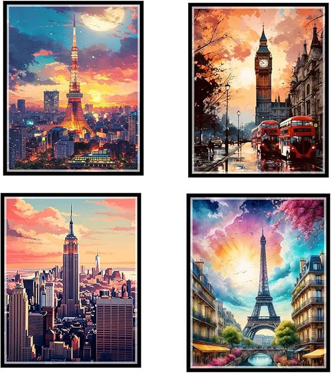 ELEVENSPACE Boho Wall Art Decor,New York, London, Tokyo, Paris, Eiffel Tower,City Wall Decor Art,Modern Landscape Wall Art for Living Room Bedroom Prints Poster,8x10 Inch Set of 4,Unframed