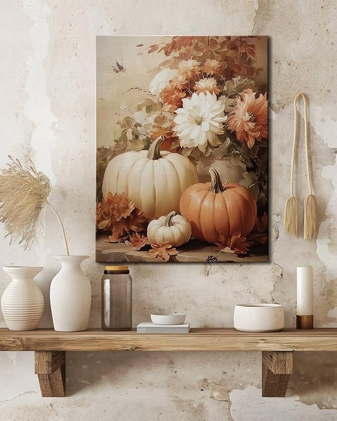 AbcCustomize Vintage Pumpkin Floral Wall Art Decor, Rustic Fall Daisy Flowers Canvas Print for Farmhouse Autumn Decor, Thanksgiving Decorations for Living Room Kitchen Dining Room, Ready to Hang