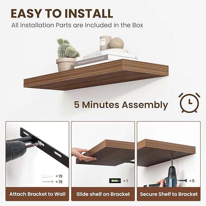 55 Inch Floating Shelves, 12 Inch Deep Floating Shelves for Wall, Floating Shelf with Invisible Brackets, Deep Wall Shelves for Bathroom, Bedroom, Living Room, 1 Pack, Walnut