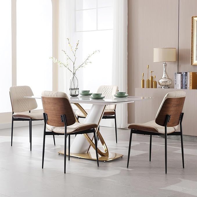 BV Dining Chairs Set of 4, PU Leather Armless Kitchen Chair in Modern Walnut Style, Mid Century Bentwood Side Chair with Metal Legs, Retro Accent Guest Chair for Kitchen Dining Room(Beige)