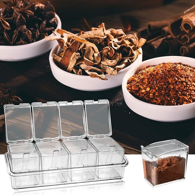 4-Cell Clear Seasoning Rack Spice Box, Storage Container Condiment Jars Acrylic Seasoning Box with Cover and Spoon (Basic Clear)