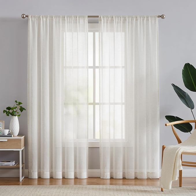 FMFUNCTEX Linen Sheer Curtains for Bedroom, Beige Curtains 84 inches Long for Living Room, Natural Flax Blend Window Draperies for Farmhouse Curtain, Rod Pocket 2 Panels