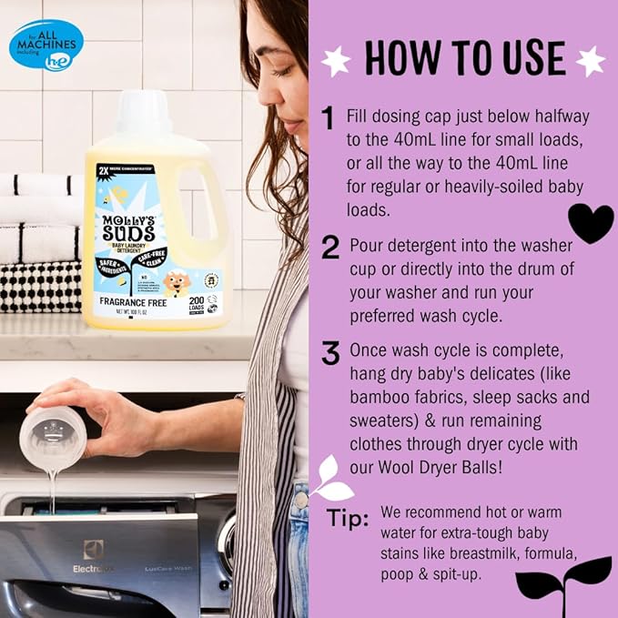 Molly's Suds Baby Liquid Laundry Detergent | Removes Formula, Poop & Spit-Up Stains | Extra Gentle for Infants, Babies, Toddlers (Sweet Baby Shea, 200 Loads)