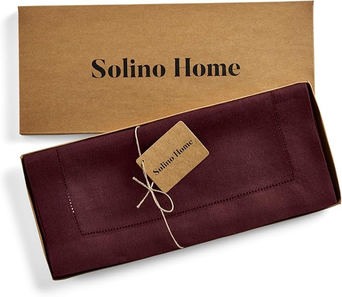 Solino Home Linen Burgundy Table Runner 132 Inches Long - 100% Pure Linen Extra Long Table Runner 14 x 132 Inch for Fall, Autumn, Thanksgiving - Classic Hemstitch