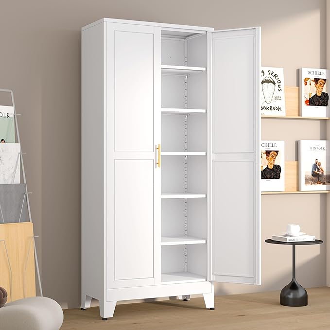 Metal Pantry Cabinet with 2 Doors and 5 Adjustable Shelves, 75" Kitchen Storage cabinets with Gold Handles, Versatile Storage for Laundry Room, Living Room, Bathroom, Dinning Room, Utility Room-White