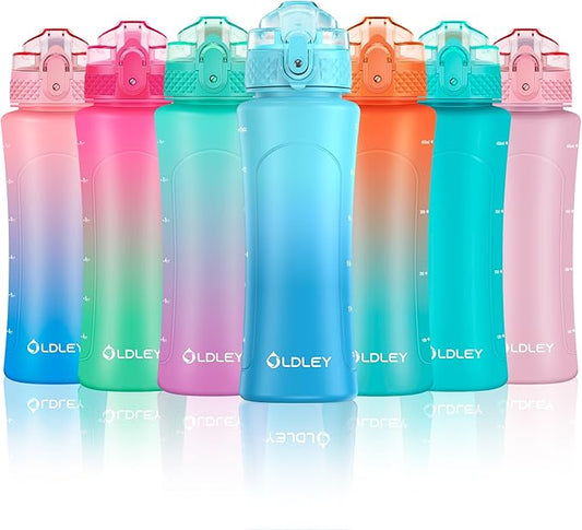 OLDLEY Kids Water Bottle with Straw 15 oz BPA-Free Leak-Proof Motivational Water Bottles with Time Marker for School Sports Travel Gym, Easy to Use for Girls Goys, 1 Straw Lid, Green Blue