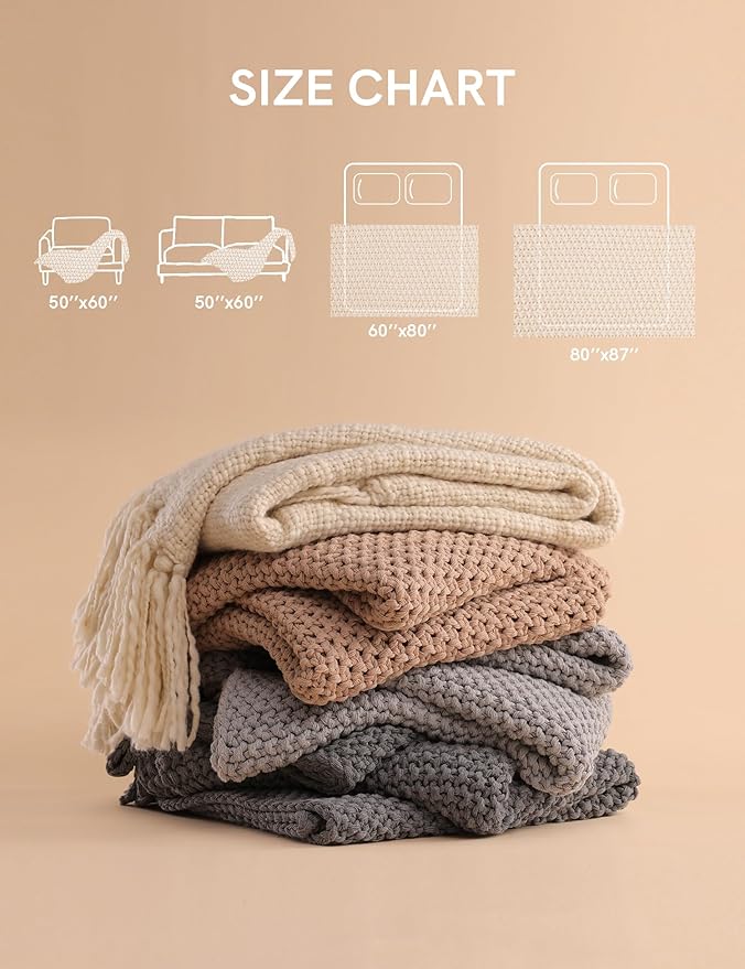 YnM Chunky Cotton Knit Throw Blanket, Cable Knit Throws for Bed Couch Sofa, Comfy & Relaxing, Decorative Piece for Farmhouse Modern Boho Rustic Scandinavian Chic Vibe, Moon Grey 60x80 Inches
