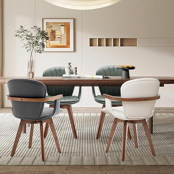 LUNLING Swivel Dining Chairs Set of 4, Mid Century Modern Green Faux Leather Kitchen Chairs with Arms,Bamboo Legs Side Chairs No Wheels,Accent Chair for Dining Rooms and Offices