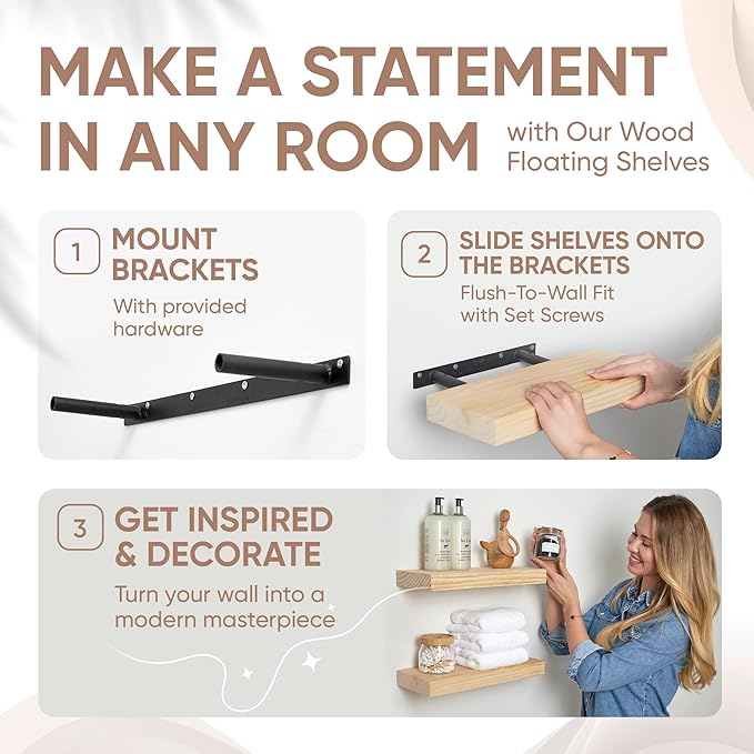Homeforia 12 inch Natural Floating Shelf, High End Solid Real Wood 12inch Small Floating Shelves for Wall Mounted, Natural Wooden Floating Shelves, Heavy Duty Bracket, 12 X 6.5 X 1.75 in, Set of 4