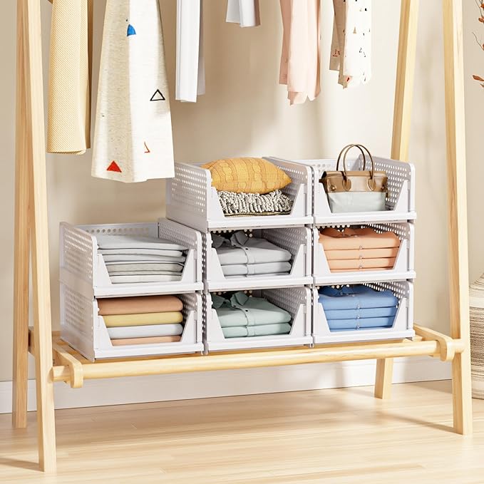 5 Pack Stackable Closet Storage Basket - Stackable Storage Bins, Multifunctional & Foldable Closet Organizer, Wardrobe Cupboard Space-Saving Hat Storage Drawer Organizer, White