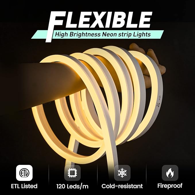 GZBtech Flexible LED Neon Rope Lights 50FT,AC 110-120V Waterproof Strip Light, 120 LEDs/M Cuttable Connectable Neon Lighting for Indoor Outdoor Home Decor/Commercial Building Use-Warm White 15M