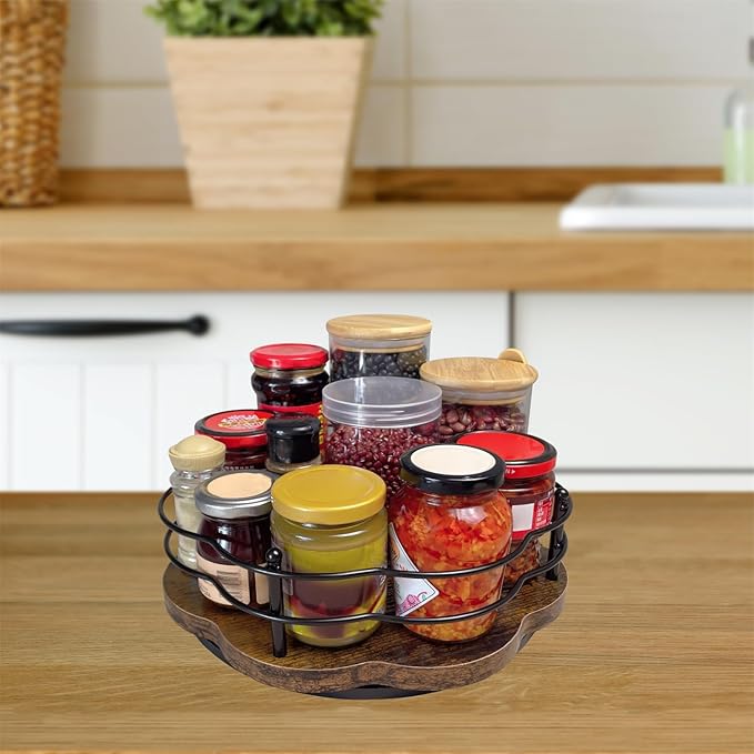 13" Lazy Susan Turntable Organizer with Higher Metal Sides, 360° Rotating Wooden Lazy Susan Organization and Storage for Cabinet,Kitchen,Countertop,Table Top,Dining Table,Coffee Bar Decor