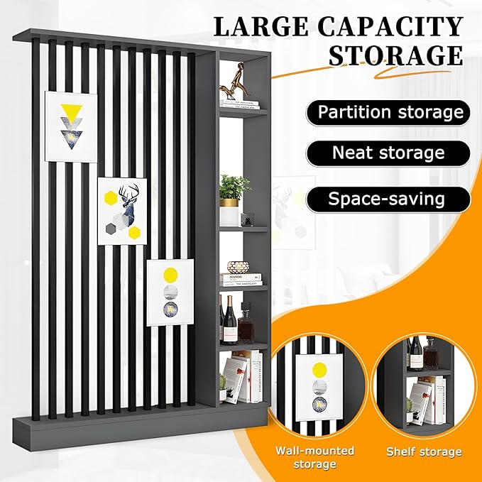 Wall Room Divider with Shelves, Freestanding Modern Wood + Metal Room Divider Screen with Storage Cabinet, Black, 1 Panel, L 31.49.478.7in