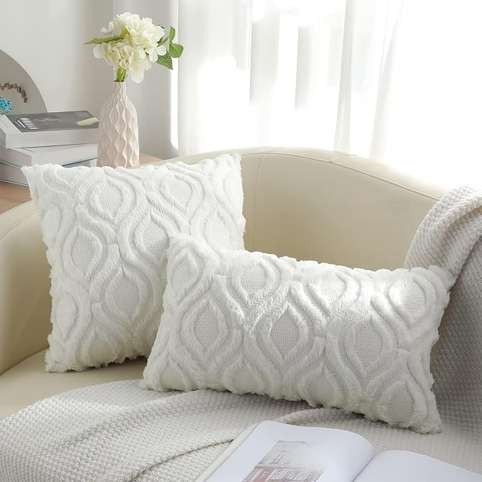 decorUhome Throw Pillow Covers 20x20 Inch Set of 2, Soft Plush Decorative Faux Fur Cream Beige Solid Couch Pillow Covers, Accent Farmhouse Neutral Square Euro Pillow Cases for Sofa Bed Living Room