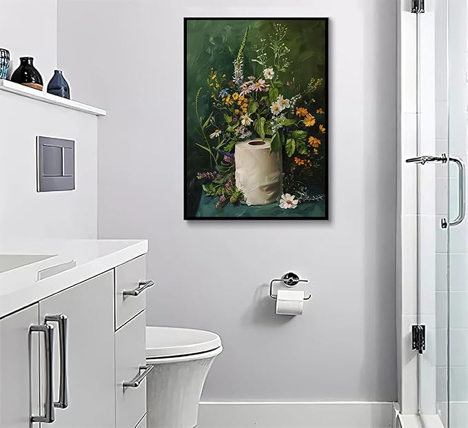 3Pcs Vintage Dark Green Bathroom Wall Art Shower Toilet Paper Roll Floral Poster Print Modern Farmhouse plants Painting Picture Wall Decor For Bathroom Living Room Decoration Unframed