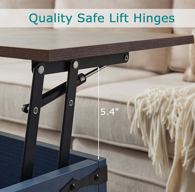 Blue Coffee Table with Storage, Cocktail Table with Hinged Lift Top, Farmhouse Square Wood Center Table with Large Hidden Storage Compartment for Living Room, Square Coffee Table, Metal Edges Decor