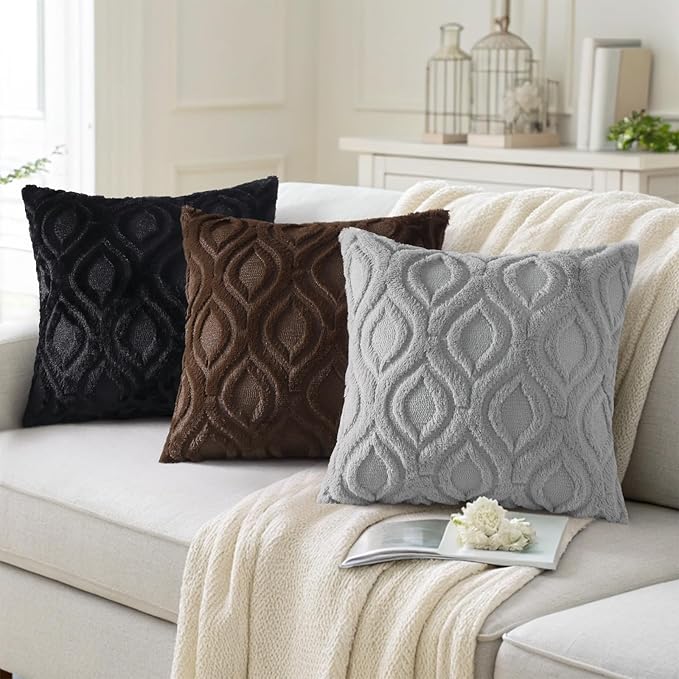 decorUhome Fall Throw Pillow Covers 16x16 Inch Set of 2, Soft Plush Decorative Faux Fur Black Solid Couch Pillow Covers, Accent Farmhouse Neutral Square Euro Pillow Cases for Sofa Bed Living Room