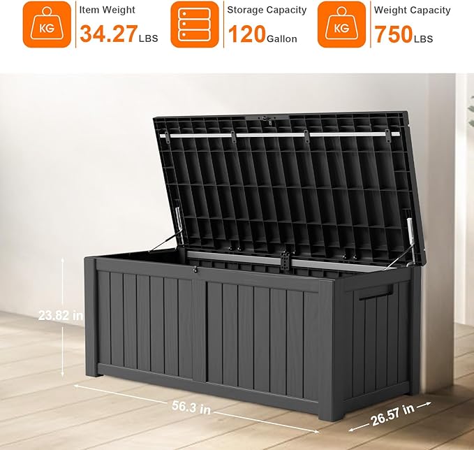DRATO 120 Gallon Large Deck Box, Outdoor Storage Box for Patio Furniture, Patio Cushions, Gardening Tools, Pool Supplies,660lbs Weight Capacity,Waterproof Resin Storage Boxes