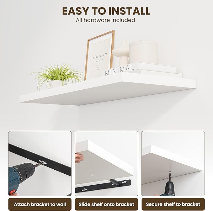 36" Floating Shelves for Wall, 12" Deep Slim White Floating Shelves, Wall-Mounted Shelves for Bedroom, Living Room, Kitchen, Bathroom - Set of 2