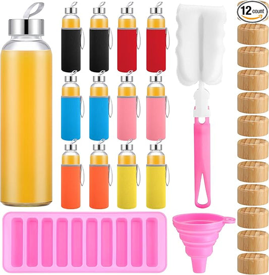 12 Pcs 18 oz Glass Water Bottles Glass Juice Bottles with Protection Sleeves, Stainless Steel and Bamboo Lids Reusable Glasses Funnel, Ice Mold, Brush for Milk Smoothie Beverage Tea