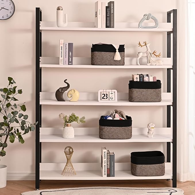 Storage Baskets for Shelves Organizing, Woven Cotton Rope Baskets for Storage, Book Basket, Decorative Shelf Basket, 12.5"Lx9.1''Wx7.9''H (4 Packs) Black & Jute