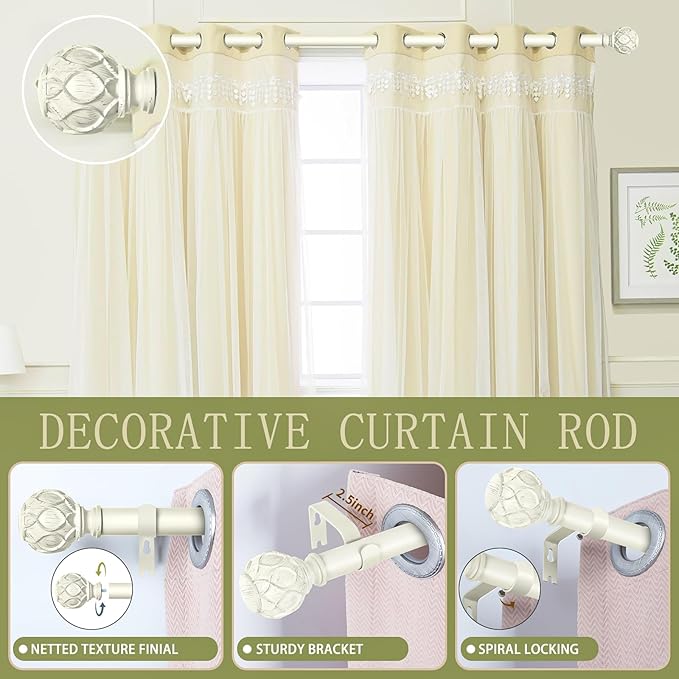 White Farmhouse Curtain Rods for Windows:Heavy Duty Adjustable Curtain Rod for Bedroom Living Room,Boho Decorative Rustic Drapery Pole with Vintage Coastal Finials,Antique White 2 Pack 36-88"