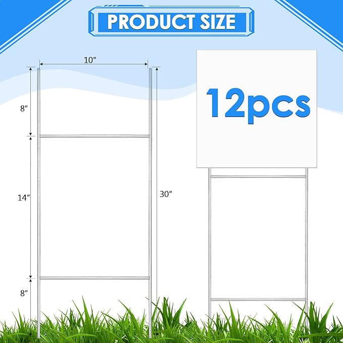 12 Pcs H Stakes for Yard Signs 30'' x 10'' Metal Heavy Duty H Frame Wire Stakes Weatherproof Metal Holder for 4mm 5mm Corrugated Signs Advertising Board Guidepost Yard Halloween Decor