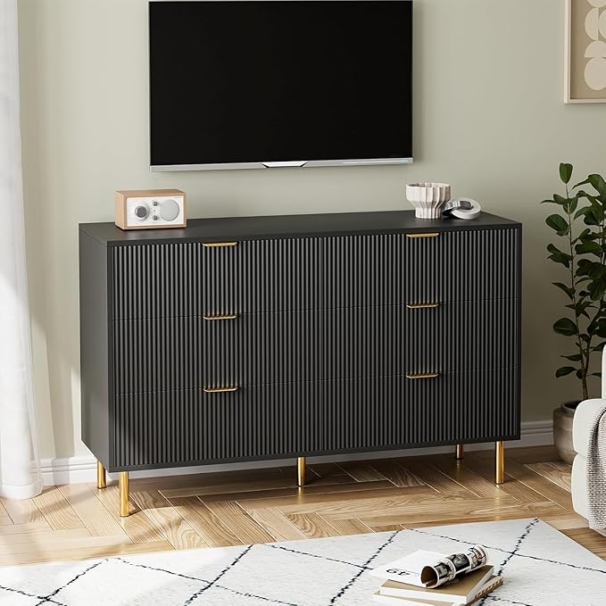 GAOMON 6 Drawer Dresser, Wood Chest of Drawers Organizer Storage with Gold Handle, Large Storage Cabinet, Modern Design Dresser for Bedroom, Living Room, Closet, Hallway, Entryway, Black