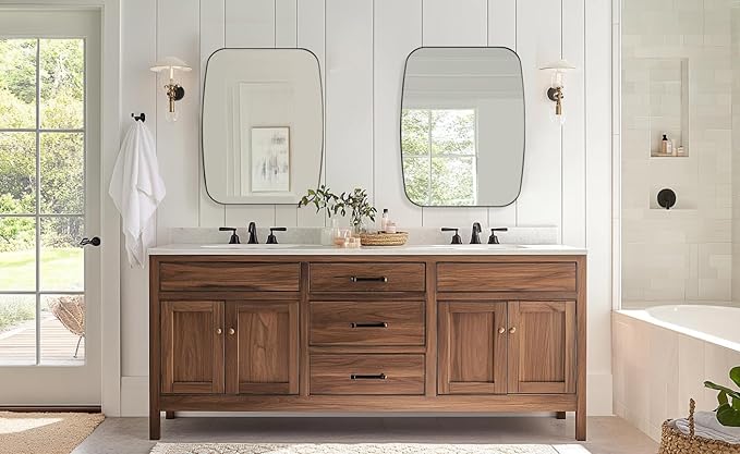 ANDY STAR Brushed Bronze Mirror, 28x36 Inch Stainless Steel Metal Frame Oblong Bathroom Mirror for Vanity, 1’’ Deep Wall Mounted Vertically/Horizontal