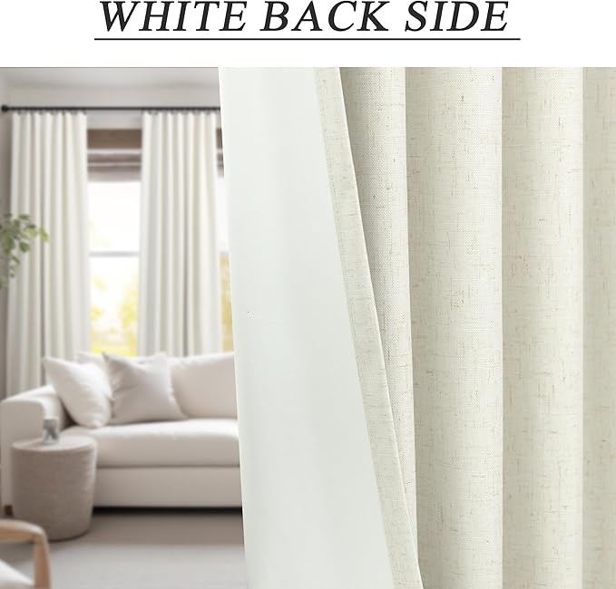 Cream Linen Boho Blackout Curtains 90 Inches Long Length 2 Panel Set Sliding Glass Door Sun Heat Blocking Curtain for Bedroom Living Room Darkening Insulating Drape Country Style Farmhouse Cottagecore