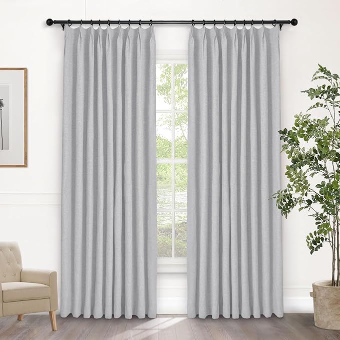 Macochico Pinch Pleated Full Blackout Curtains for Bedroom Living Room Silver Grey Linen Curtains Thermal Insulated and Noise Reducing Window Panels with Tieback Shabby Chic Decor 84”Wx84”L 1 Panel