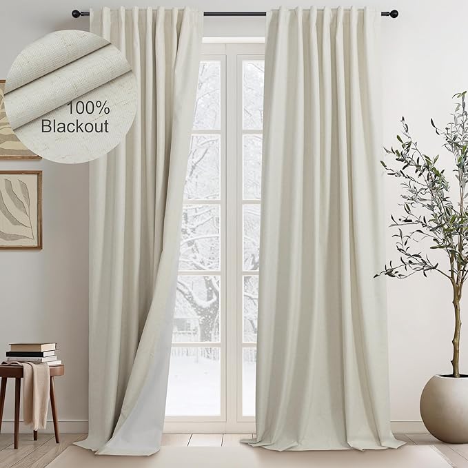 DANCURTON 80 Inch Blackout Curtains Back Tab Beige Black Out Earth Tone Primitive Curtains Thermal Insulated Custom Drapes for Living Room Bedroom 2 Panels Pleated Curtains 80 Inch Long 52x80 Length