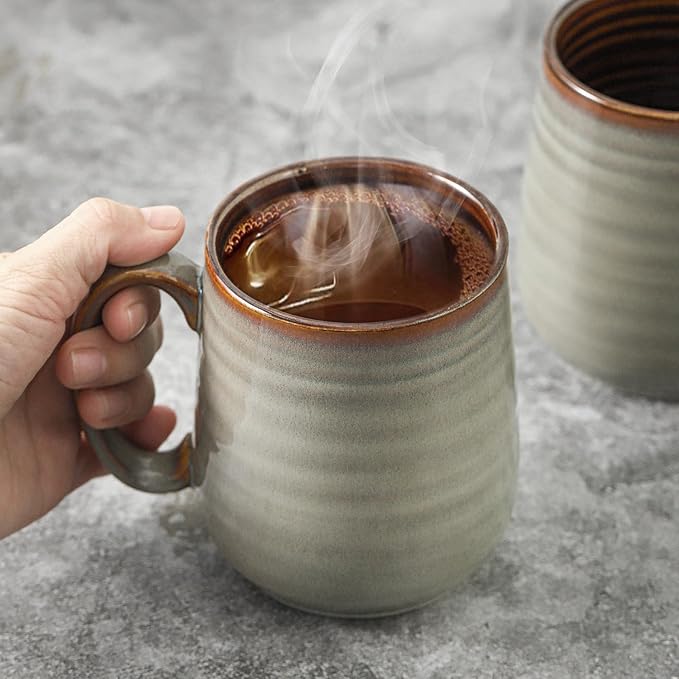 Hasense 12 oz Coffee Mugs, Ceramic Coffee Cups Set of 6, Stoneware Latte Mug with Large Handle for Coffee, Tea, Milk and Chocolate, Easy Hold & Clean, Dishwasher & Microwave Safe, Light Grey
