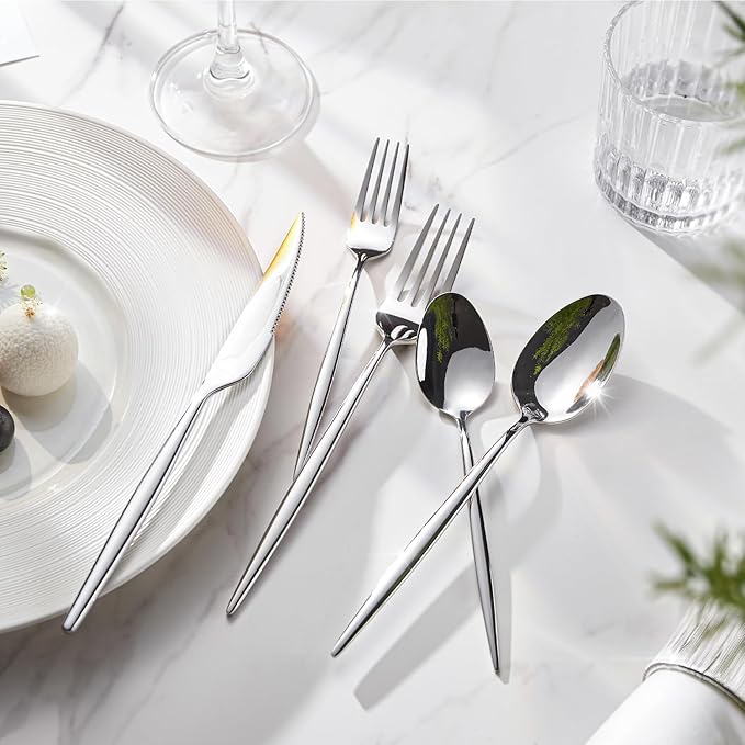 KINGSTONE Silverware Set, 5-Piece Flatware Set Cutlery Set Premium 18/10 Stainless Steel, Tableware Include Forks Knives Spoons for Home Kitchen Restaurant Wedding, Dishwasher Safe