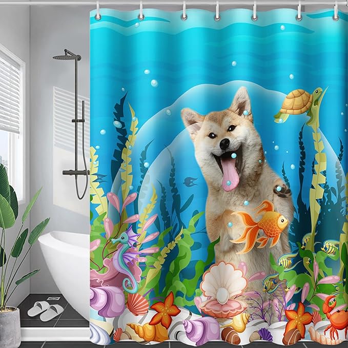 AILONEN Cute Dog Shower Curtain for Boys Girls, Pet Puppy Dog Lover Shower Curtain, 72" W*72" H Waterproof Animal Turtle Fish Ocean Themed Shower Curtain Decor Bathroom with Grommets and Hooks