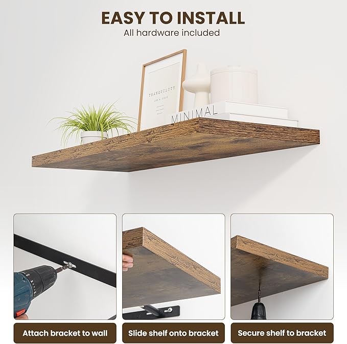 48" Floating Shelves for Wall, 12" Deep Slim Rustic Brown Floating Shelves, Wall-Mounted Shelves for Bedroom, Living Room, Kitchen, Bathroom - Set of 2