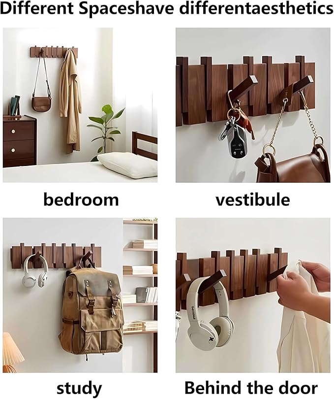 Wall Mounted Piano Key Hanger | Flip Style Hook | Entrance Wall Art Hook, Made of Oak Wood (3 Times Painted, 4 Times Polished) (Fence Beech, 8Hooks)