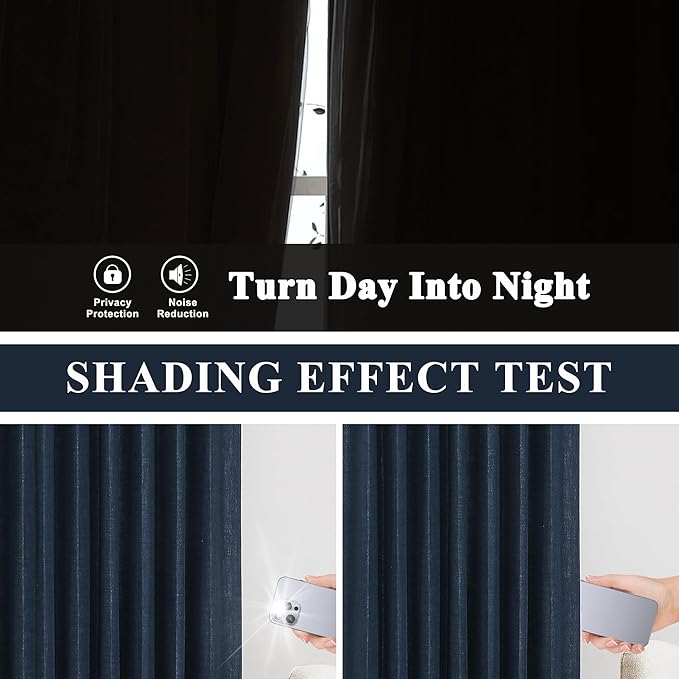 Vision Home Navy Blue Pinch Pleated Full Blackout Curtains Linen Blended Room Darkening Window Panels 90 inch for Living Room Bedroom Thermal Insulated Pinch Pleat Drapes with Hooks 60" Wx90 Lx1