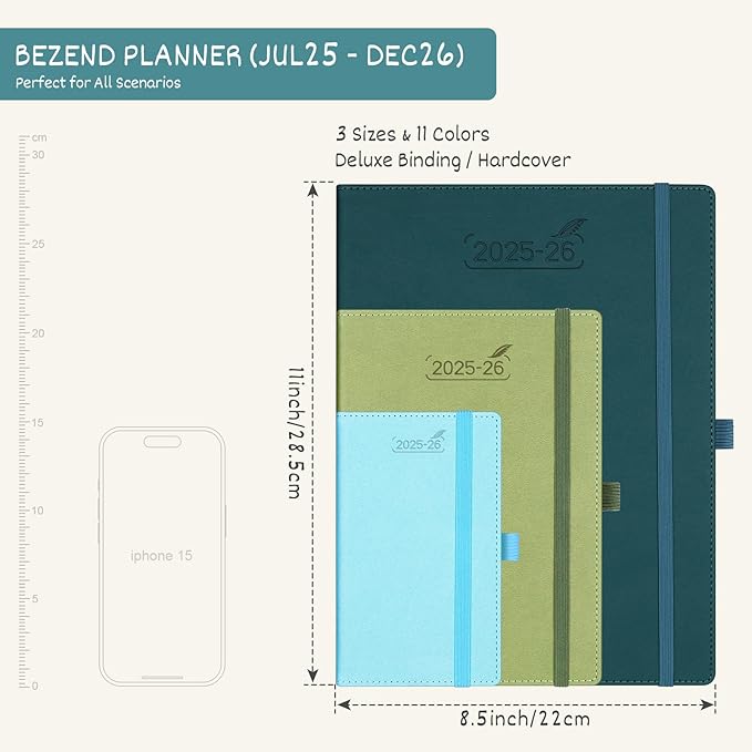 BEZEND Planner 2025-2026 Weekly and Monthly, 8.5" x 11" Academic Calendar (Jul 25-Dec 26) Vertical Daily Appointment with Hourly Timeslot & Monthly Tab, PU Leather Hardcover - Kiwi