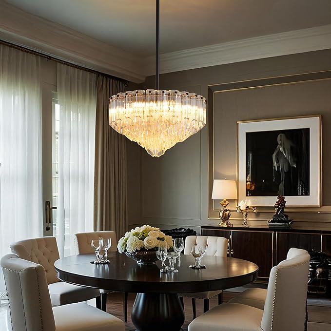Modern Clear Glass Chandelier, 14" Round Crystal Dining Room Chandelier, Small Black Pendant Light Hanging Fixture for Bedroom, Kitchen Island Light Dimmable Ceiling Lighting Chandeliers for Bathroom