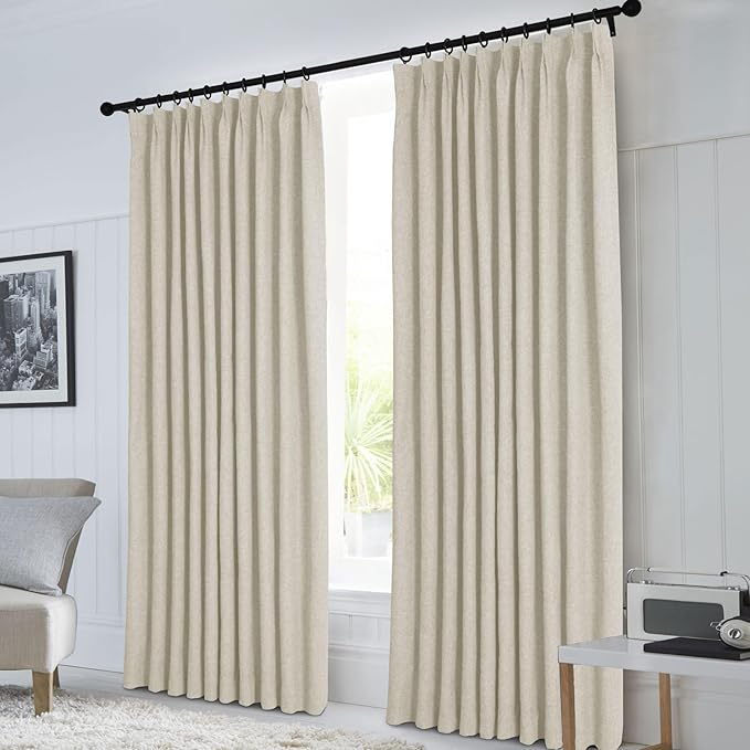 Macochico Pinch Pleated 100% Blackout Curtains Ivory White Linen Curtains for Bedroom Living Room Farmhouse Thermal Insulated Window Panels Pleated Curtains with Hooks and Tieback 52”Wx72”L 1 Panel