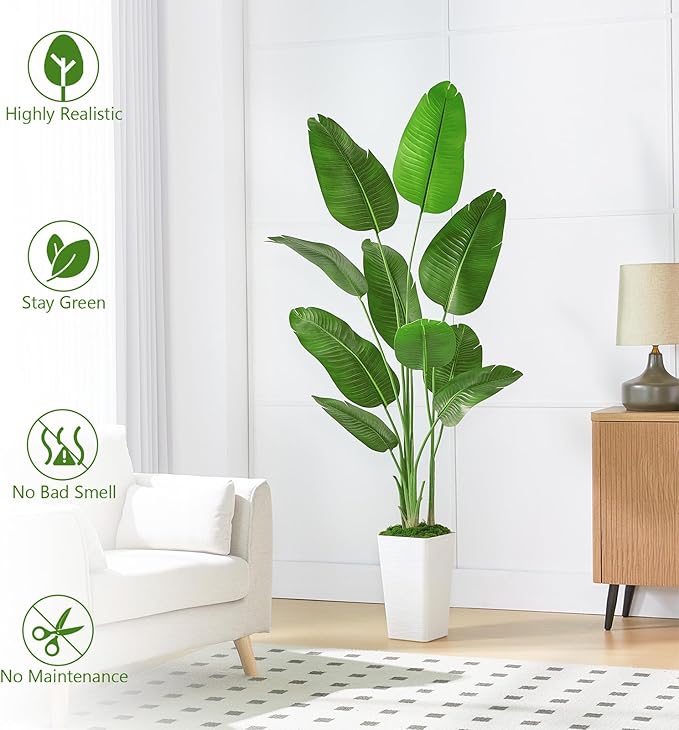 Fake Bird of Paradise Silk Artificial Plant Faux Banana Leaf Tree for Home Decor Indoor Floor Plant with 10 Trunks (1, Black Planter, 6 FT)
