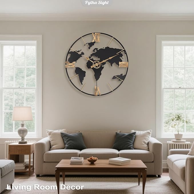 24 Inch Large Wall Clock,Modern Decorative Big World Map with Vintage Gold Roman Numeral Extra Giant Metal Oversized Wall Clocks for Living Room,Office,Kitchen,Dining Room,Bedroom