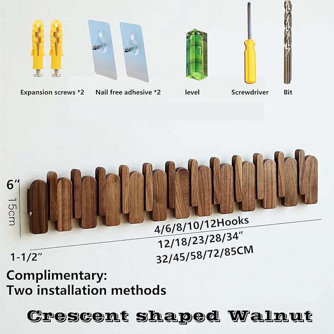 Wall Mounted Piano Key Hanger | Flip Style Hook | Entrance Wall Art Hook, Made of Oak Wood (3 Times Painted, 4 Times Polished) (Arc Walnut-Beech, 6Hooks)