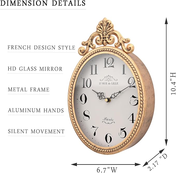 Abdurey Small French Retro Decorative Wall Clock, Antique Gold Vintage Oval Style,Silent Battery Operated Boho Decor Wall Clocks for Farmhouse,Kitchen,Bedroom,Bathroom(10.4" H x 6.7" W)