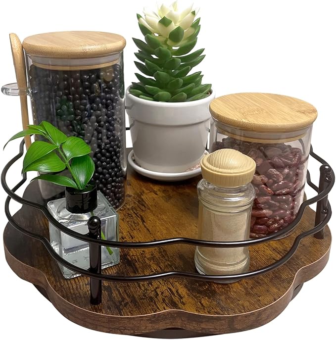 13" Lazy Susan Turntable Organizer with Higher Metal Sides, 360° Rotating Wooden Lazy Susan Organization and Storage for Cabinet,Kitchen,Countertop,Table Top,Dining Table,Coffee Bar Decor